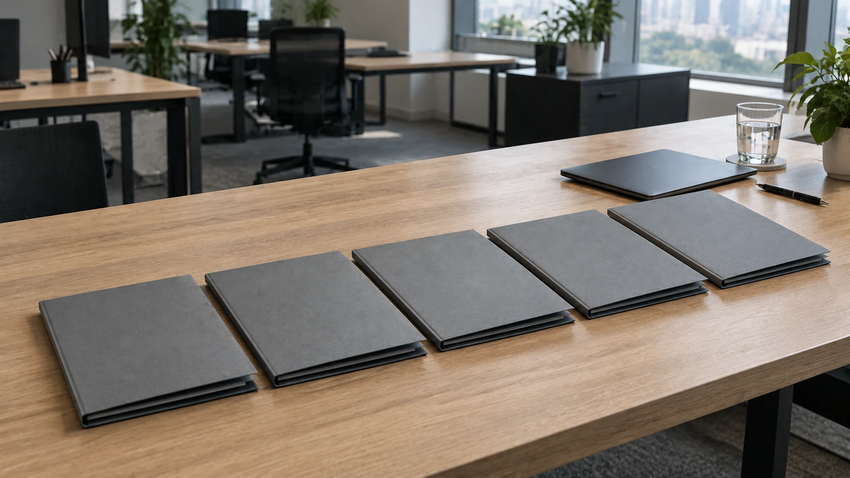 Five closed case folders lying side by side on a desk in an open-plan office