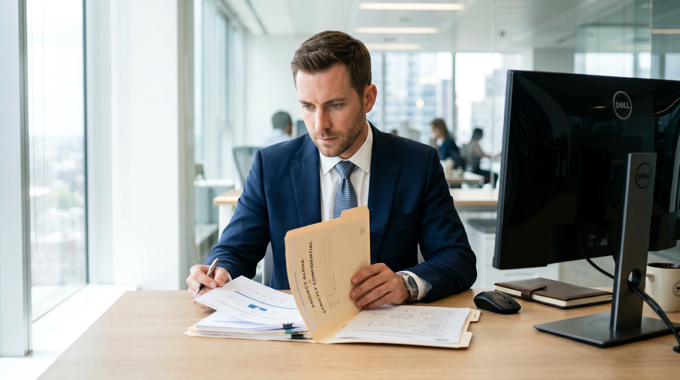 An analyst reviewing documents at a bright desk