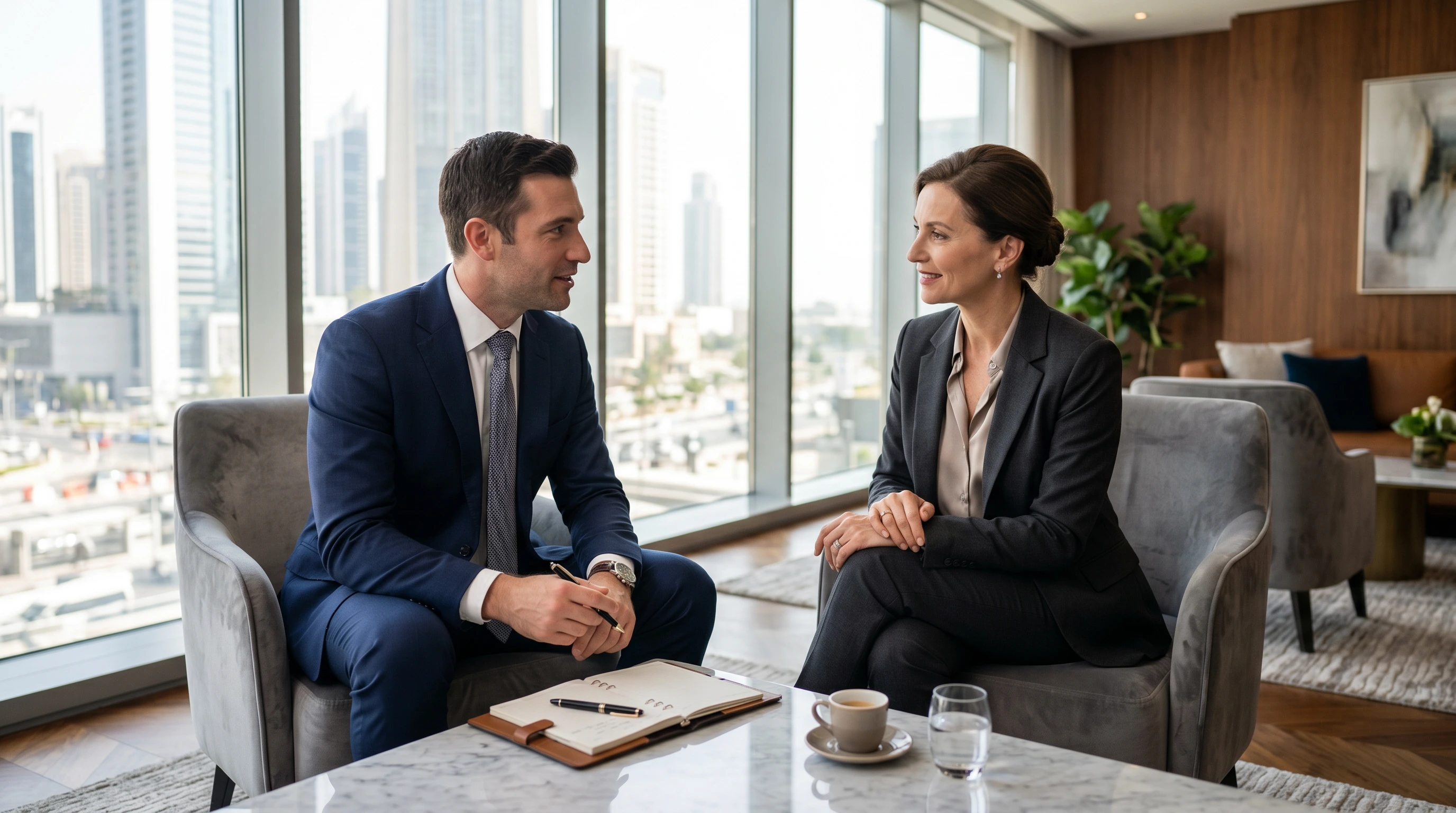 A discreet one-to-one conversation in a bright lounge