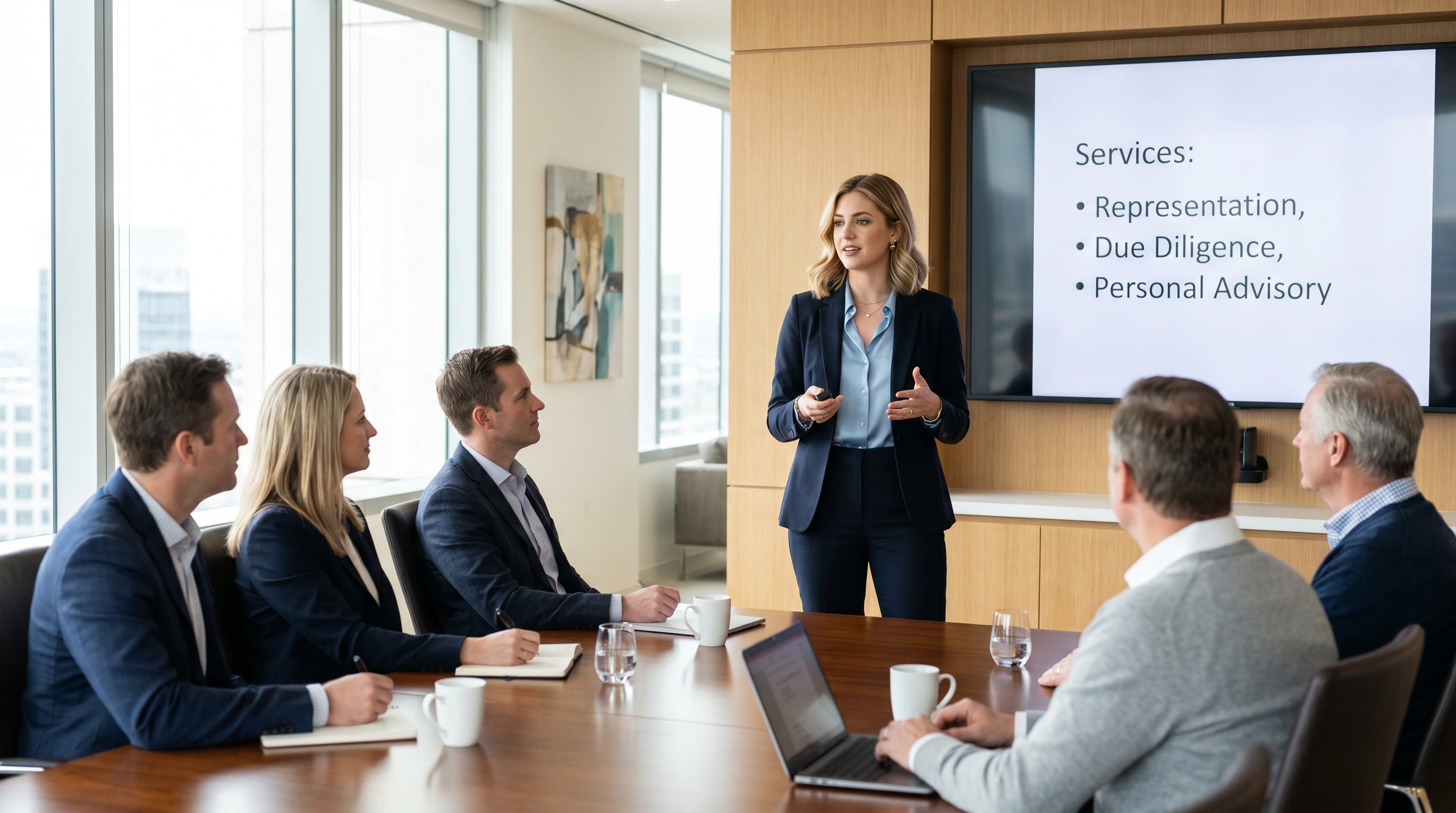 A professional presenting to colleagues in a bright boardroom